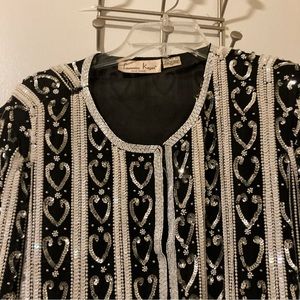 Vintage Laurence Kazar Silk Beaded Sequin Black, White, and Silver Jacket